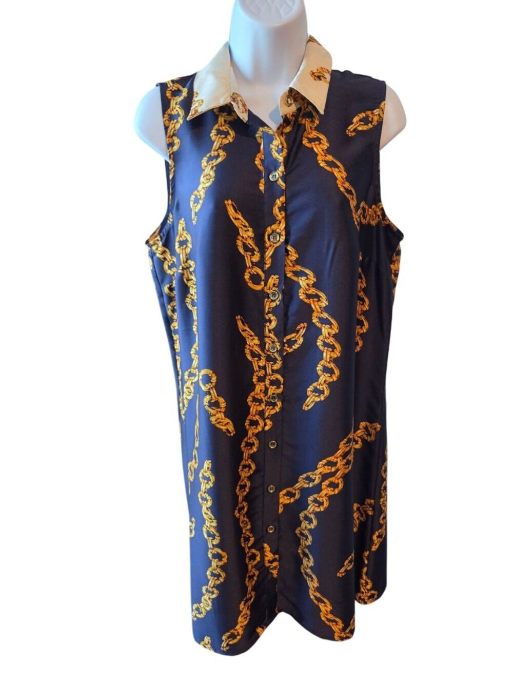 MSK Sleeveless Shirt Dress L Navy & Gold Chain Print Quiet Luxury Resort Classic